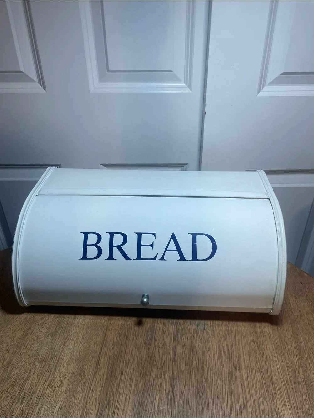 White Metal Roll Top Bread Box Blue Lettering Farmhouse Kitchen Storage